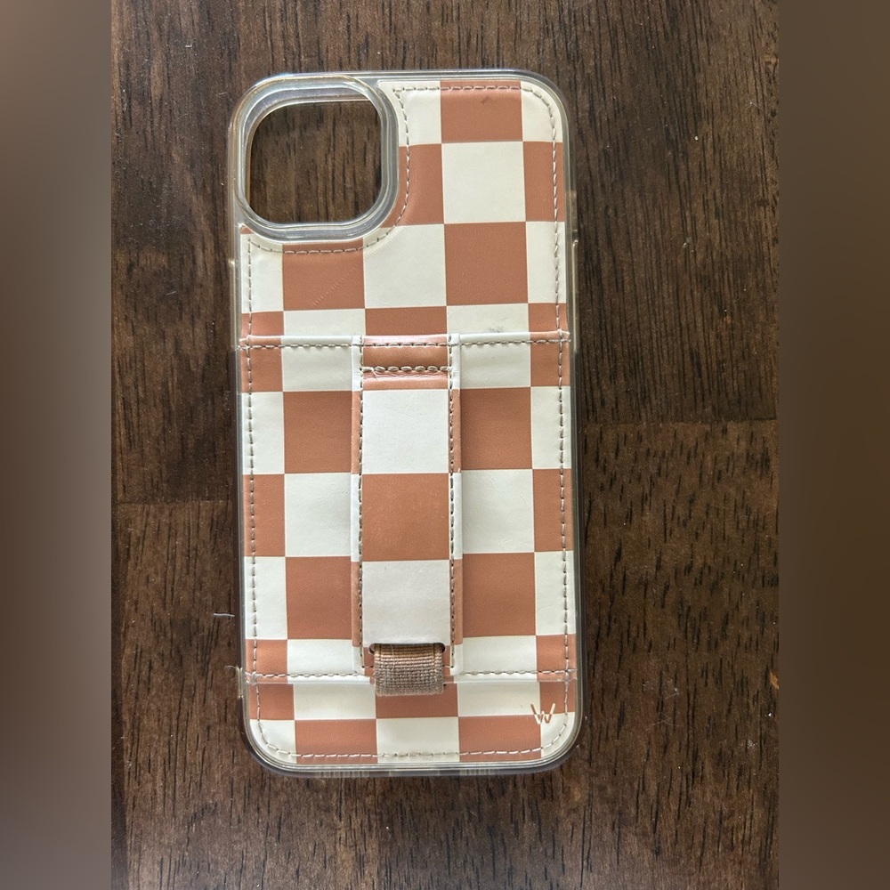 Checkerboard Phone Case with Hand Strap - Cream & Tan